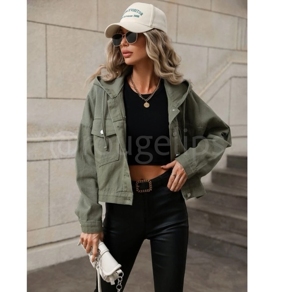 Boxy, Oversized Hooded Army Green Jean Jacket Fap Pockets Long Sleeve - Picture 6 of 8
